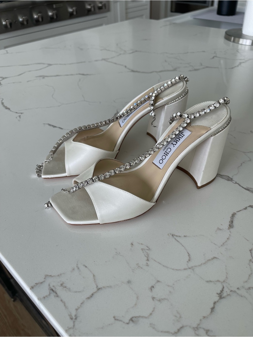 Jimmy Choo White Satin Block-Heel Sandals with Crystal T-Strap - Picture 2 of 7